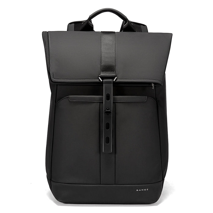 Bange Roll Top Waterproof Expandable Laptop Black Backpack for Men with padded straps for comfort, versatile for travel and work, fits up to 16" laptops securely. Front view